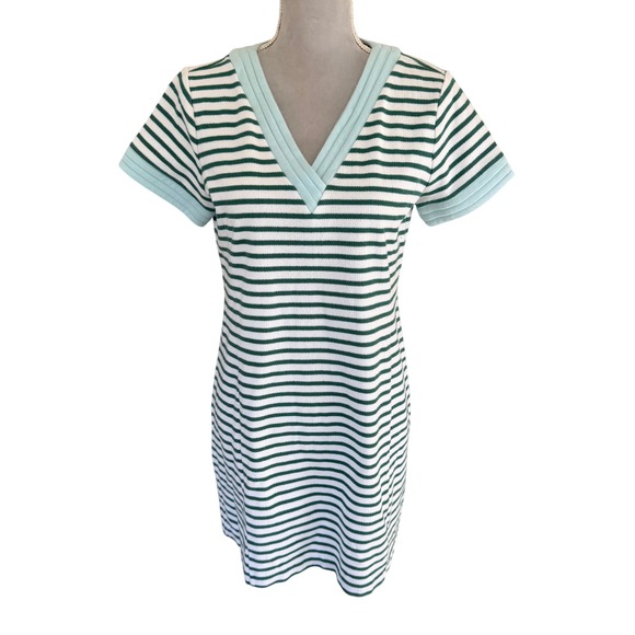 T by Talbots Green White Contrast Trim V-Neck T-Shirt Dress Short Sleeve, M - Picture 2 of 8